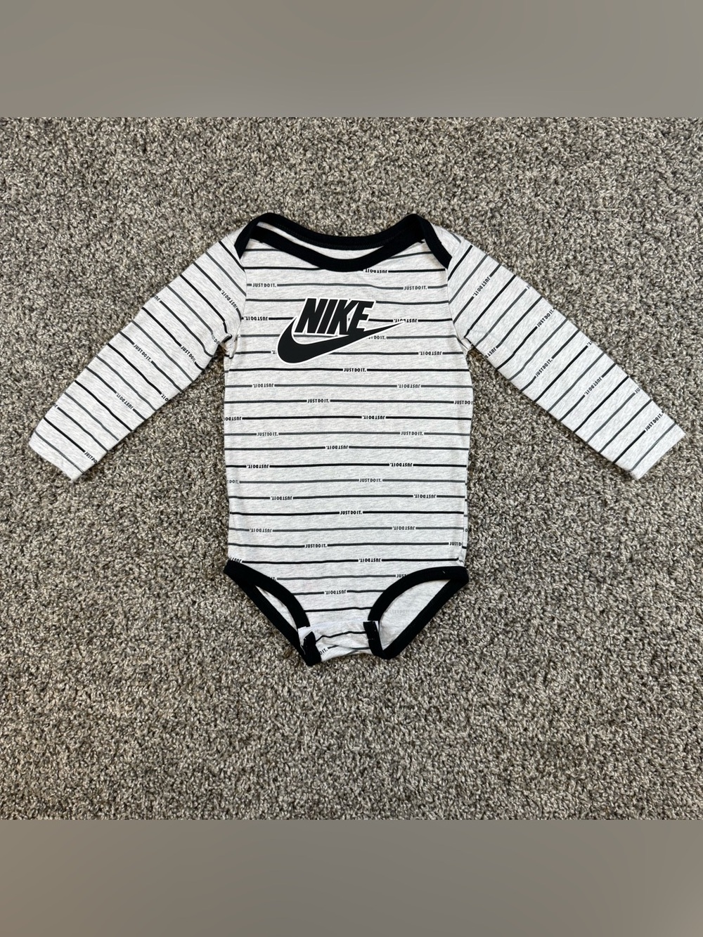 Nike 24M Infant Toddler Boys Gray Black Striped Long Sleeved Bodysuit Swoosh